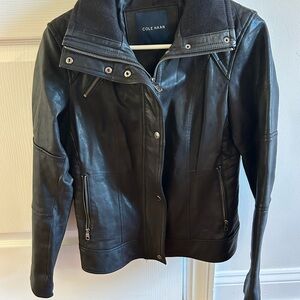 Cole Haan Black Leather Snap-&-Zip Moto Jacket